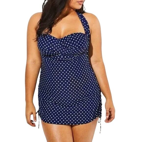 Love My Curves One Piece Bathing Suit Size 12 Blue and White Polka Dot Strapless - Picture 1 of 10